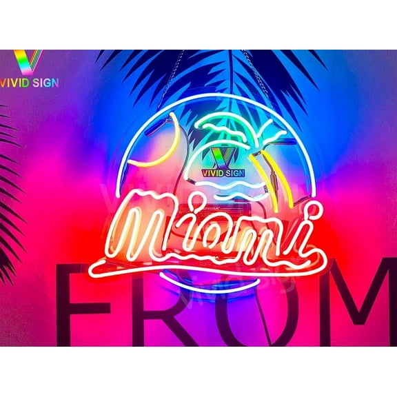 Queen Sense 20" Miami Beach Palm Tree Sun Neon Sign Acrylic Man Cave Handmade Neon Light 120MBPTSA2