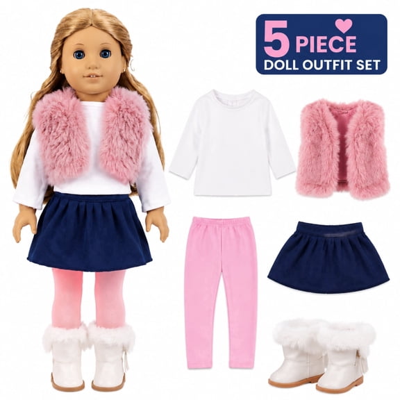 KuKeDi 5 Piece Doll Outfit Set for 18 Inch Dolls, Doll Clothes Set with Vest, Skirt & Boots