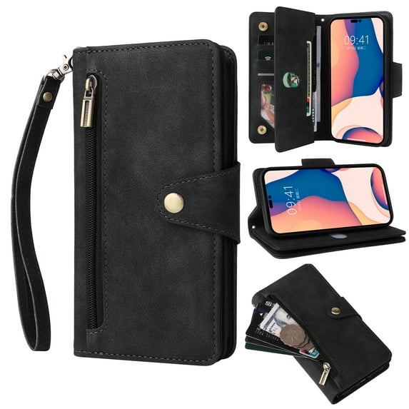 Nalacover For iPhone 14 Pro 6.1 inch Zipper Wallet Case,360 Protection Stylish PU Leather Shockproof Magnetic Flip Holder 6 Card Slots and 2 Cash Pockets Cover with Detachable Wrist Strap,Black
