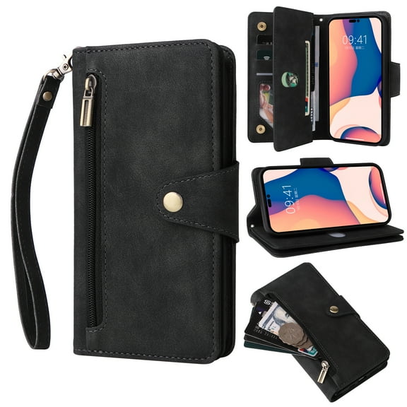 Nalacover For Samsung Galaxy A32 5G Zipper Wallet Case,360 Protection Stylish PU Leather Shockproof Magnetic Flip Holder 6 Card Slots and 2 Cash Pockets Cover with Detachable Wrist Strap,Black