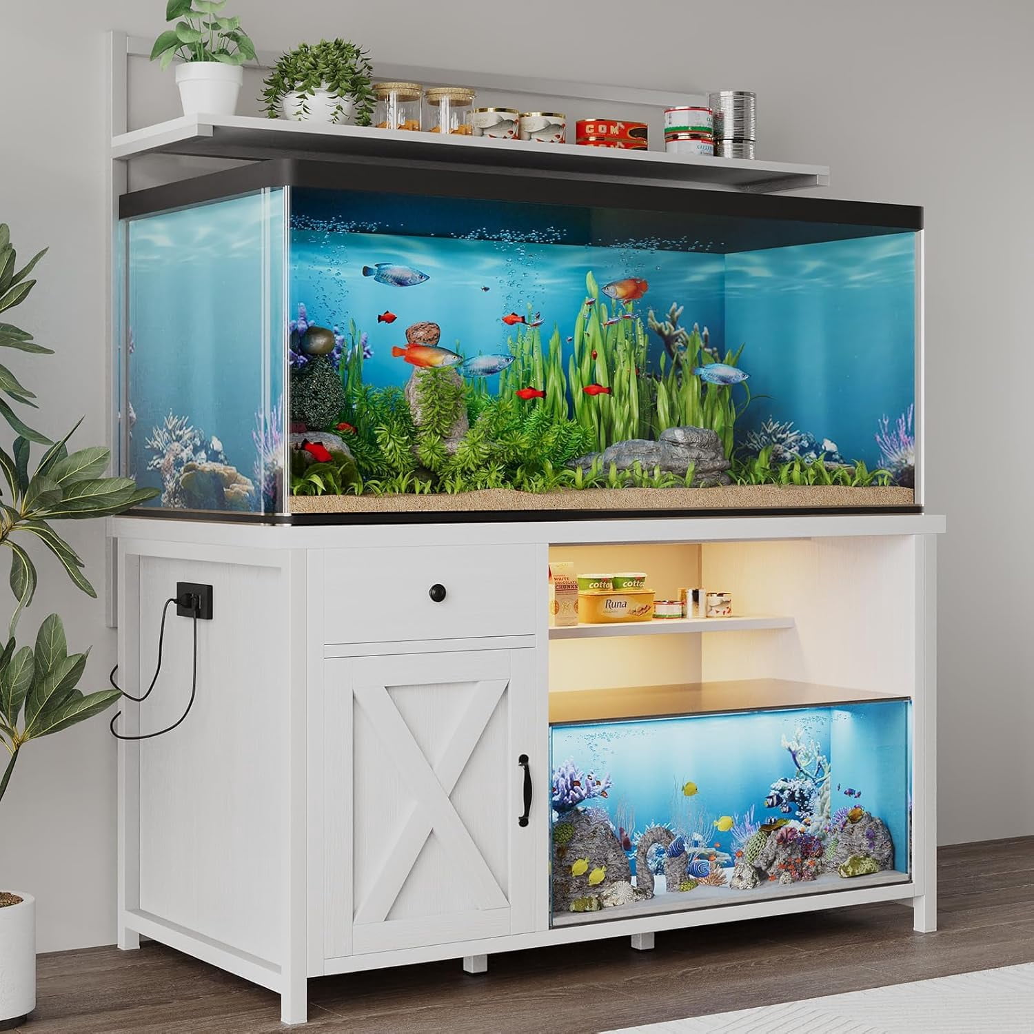Catrimown Fish Tank Stand with Power Outlet and Led Light, Cabinet for 55-75 Gallon Aquarium, RGB Lighting Strip Ideal for Turtle Enclosure, Supports up to 1100 Pounds, White