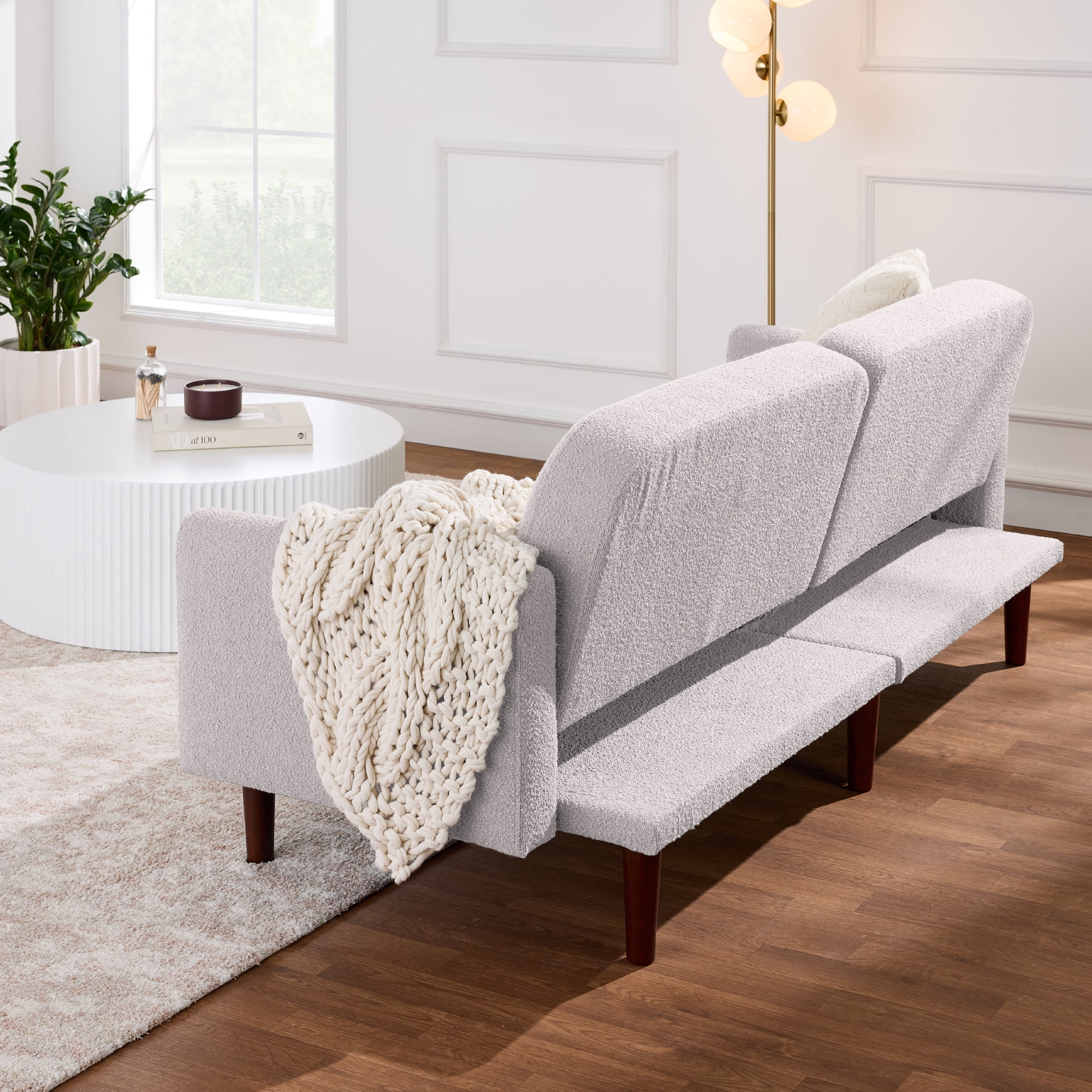 Best Choice Products Curved Convertible Futon, Boucle Fabric Split-Back Sleeper Bed - Frost Gray