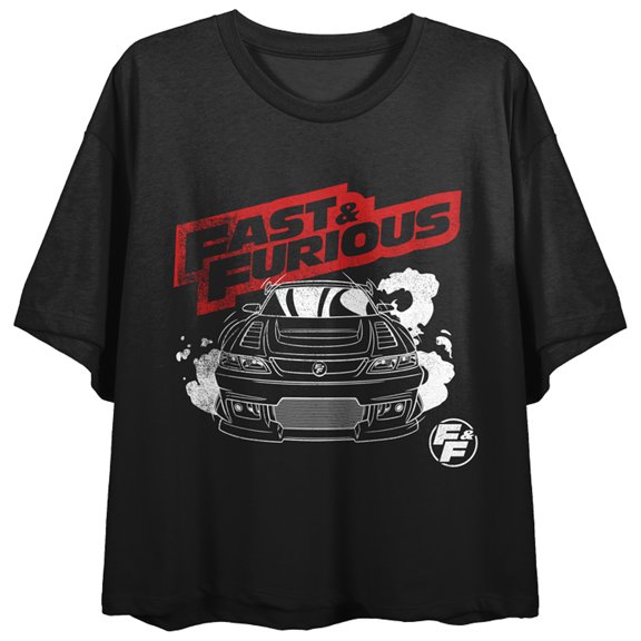 Fast & Furious Race Car Line Art Crew Neck Short Sleeve Women's Black Crop Top-Medium