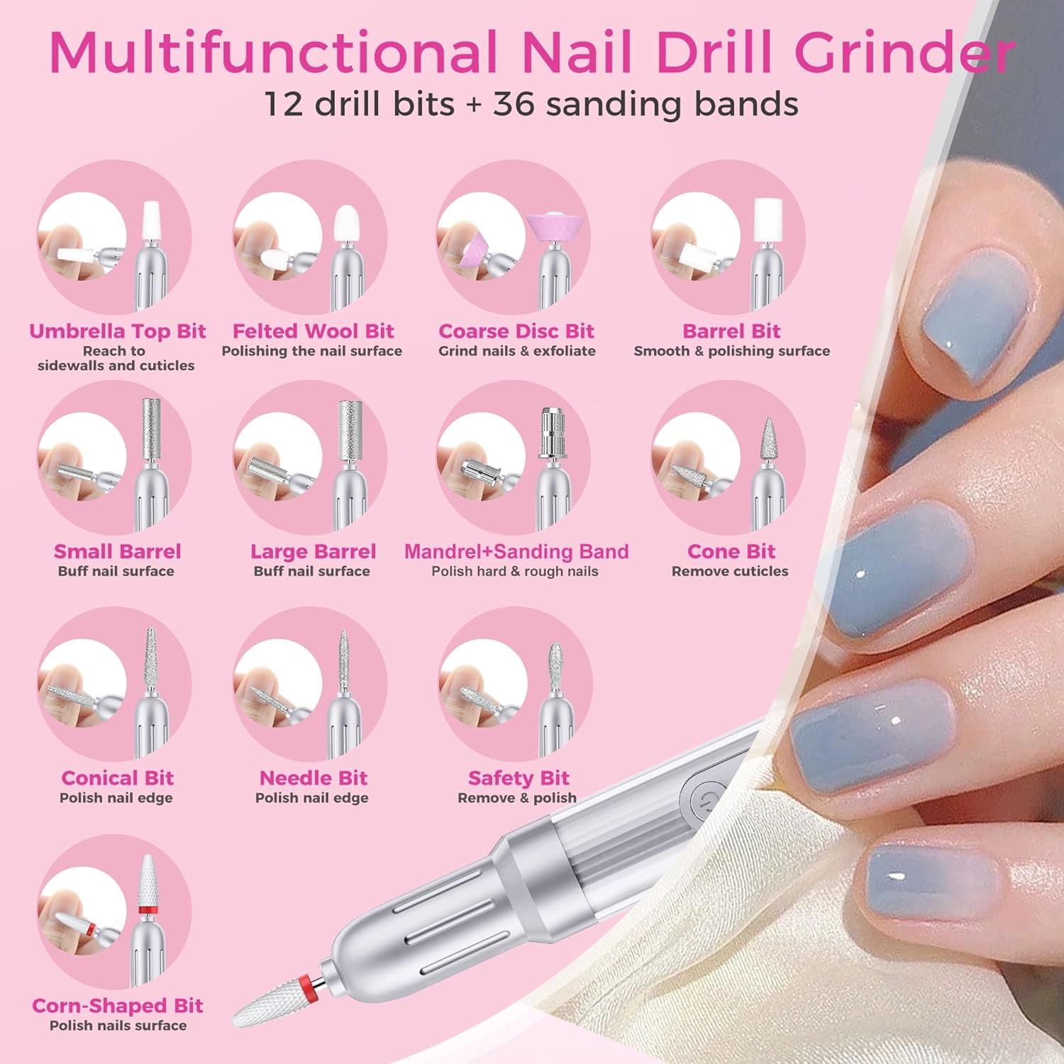 Qifang Cordless Electric Nail Drill Kit 18000RPM, 13-Piece Portable Efile with Ceramic Head & 11 Metal Bits for Acrylic Gel Nails Manicure Pedicure Polishing, Black