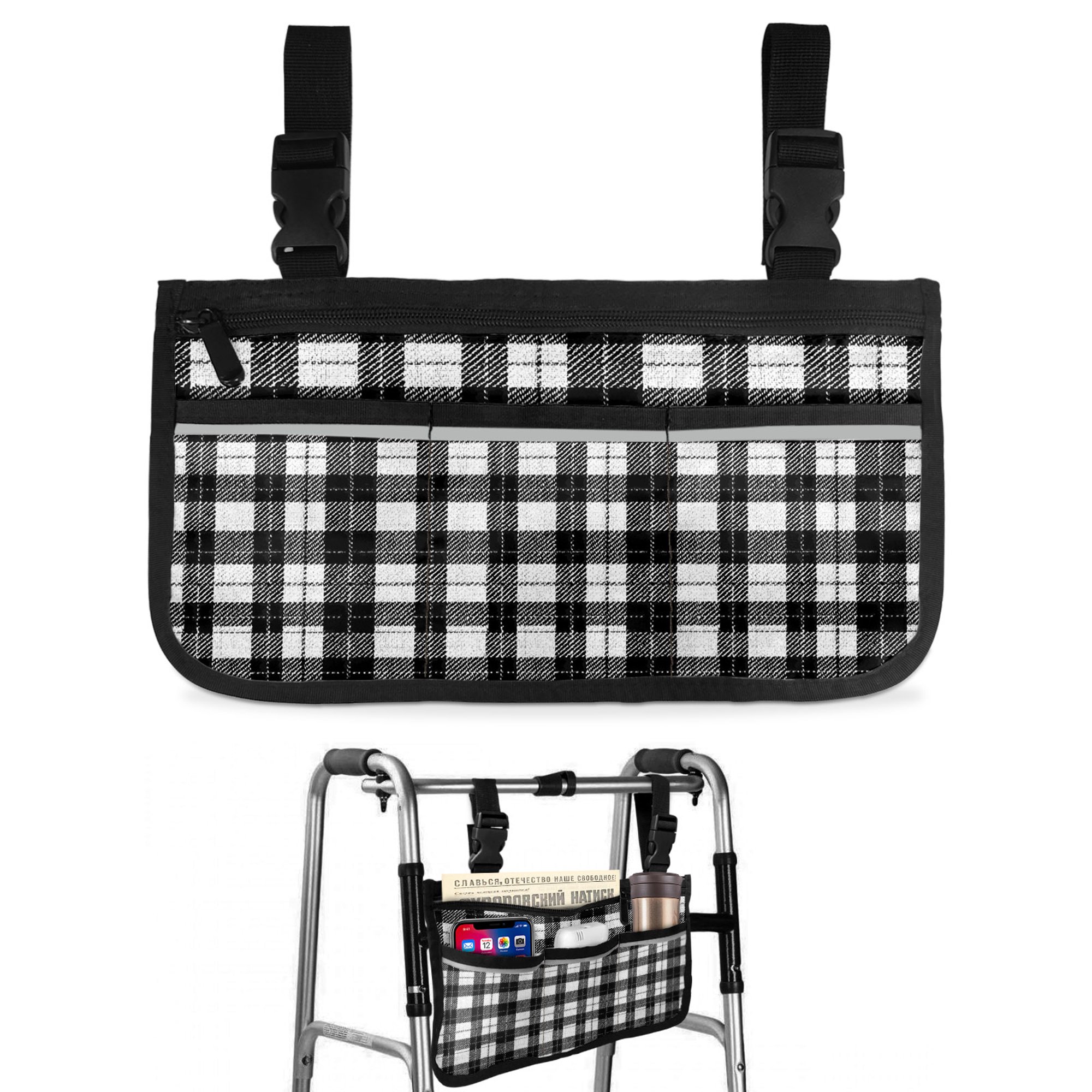 White Black Plaid Wheelchair Side Bag with Cup Holder, Black Buffalo Plaid Rustic Cotton Fabric Texture Wheelchair Armrest Bag Storage Pouch Adults, Seniors for Walkers, Rollator, Scooter