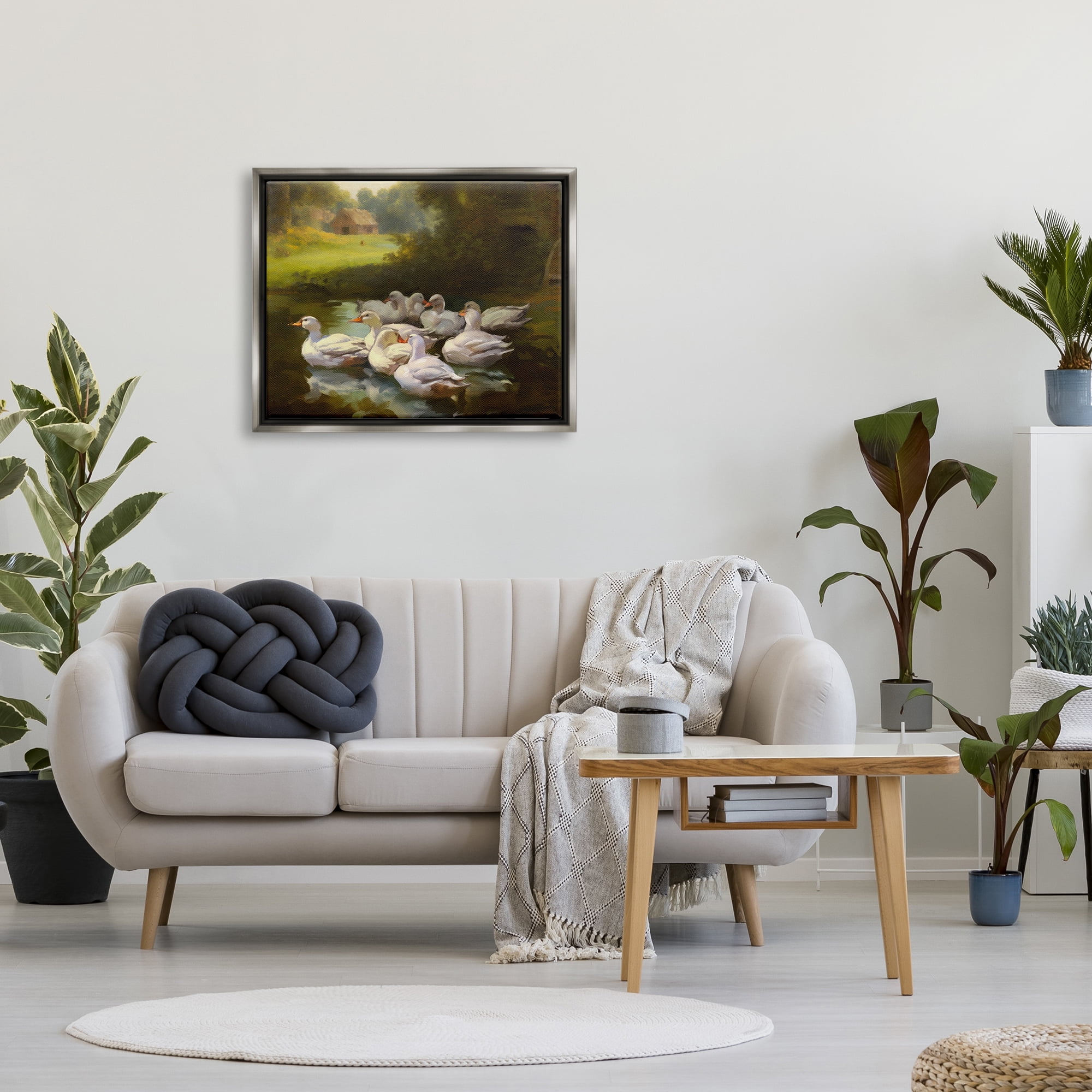 Stupell Industries Country Ducks in Pond Animals & Insects Painting Gray Floater Framed Canvas Art Print Wall Art, 31 x 25