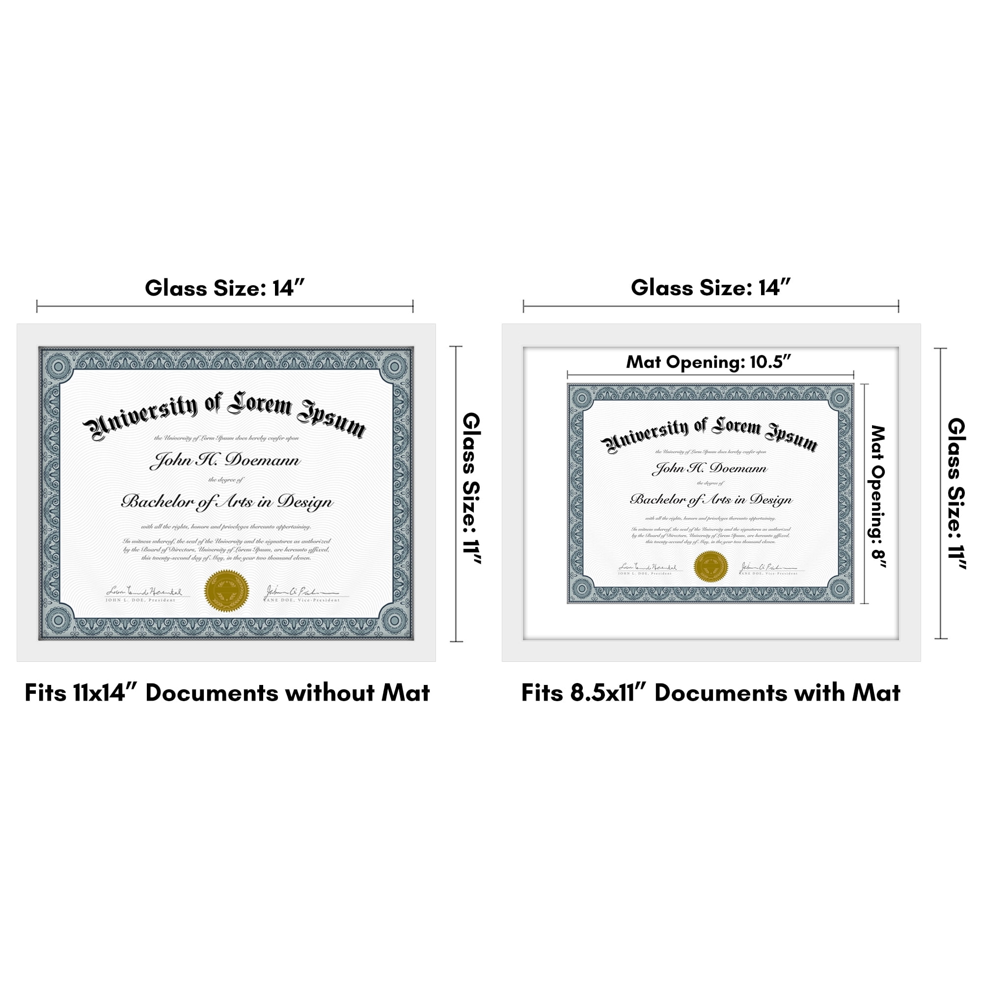 Americanflat 11x14 Diploma Frame with Shatter-Resistant Glass with 8.5x11 Mat Display Documents Legacy - White