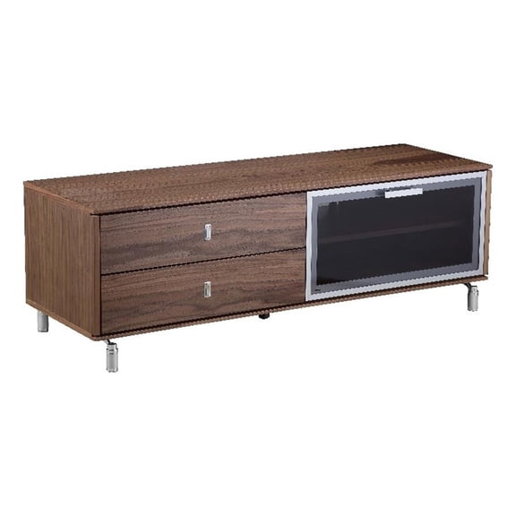 Pemberly Row Small Wood Veneer/Glass & Polished Steel Media Unit in Walnut