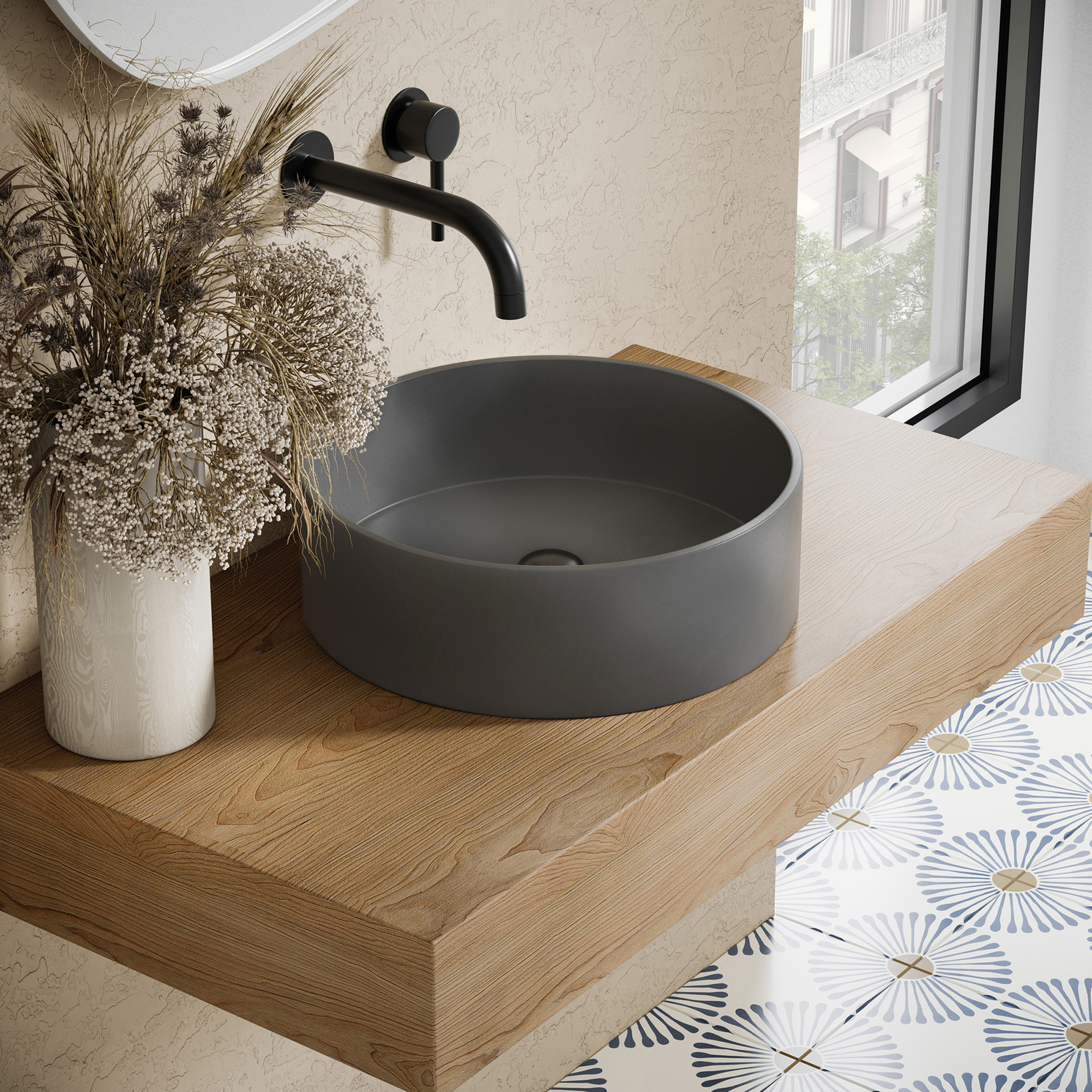 Lisse 14.5" Round Concrete Vessel Bathroom Sink in Dark Gray