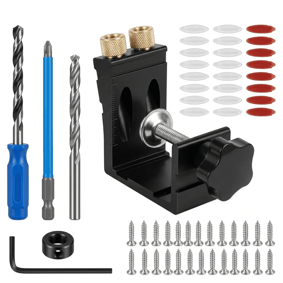 47Pcs Pocket Hole Jig Kit – 15° Angled Woodworking Drill Guide, Durable Wood & Acrylic Construction, with 20 Screws & Hex Key, Carpentry Hole Positioner Tool