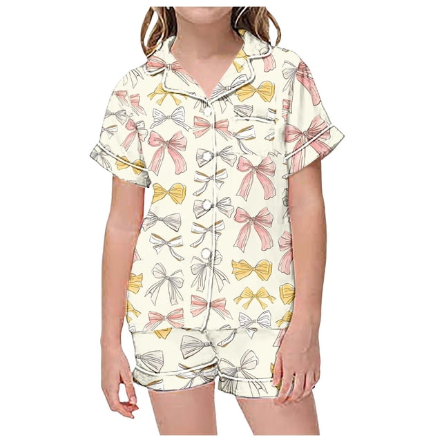 Girls Two Piece Pajama Set Short Sleeve Bow Printed Shorts Comfortable Sleepwear for Children and Bedtime