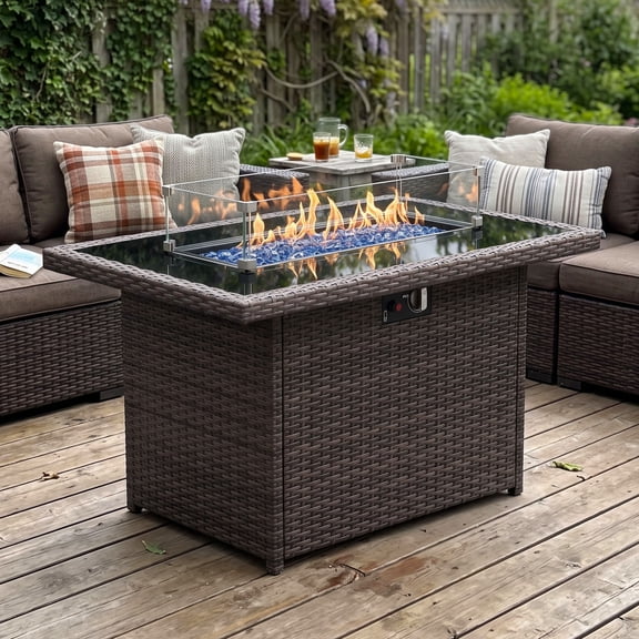 LayinSun 44" Propane Gas Fire Pit Table, 55000 BTU Rectangular Fire Pit with Glass Wind Guard for Outside Patio Deck Garden Backyard