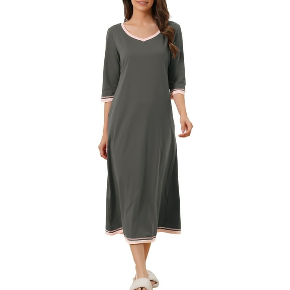 INSPIRE CHIC Women's Nightgown 3/4 Sleeve V Neck Loungewear Long Sleep Nightshirt with Pockets XS Grey