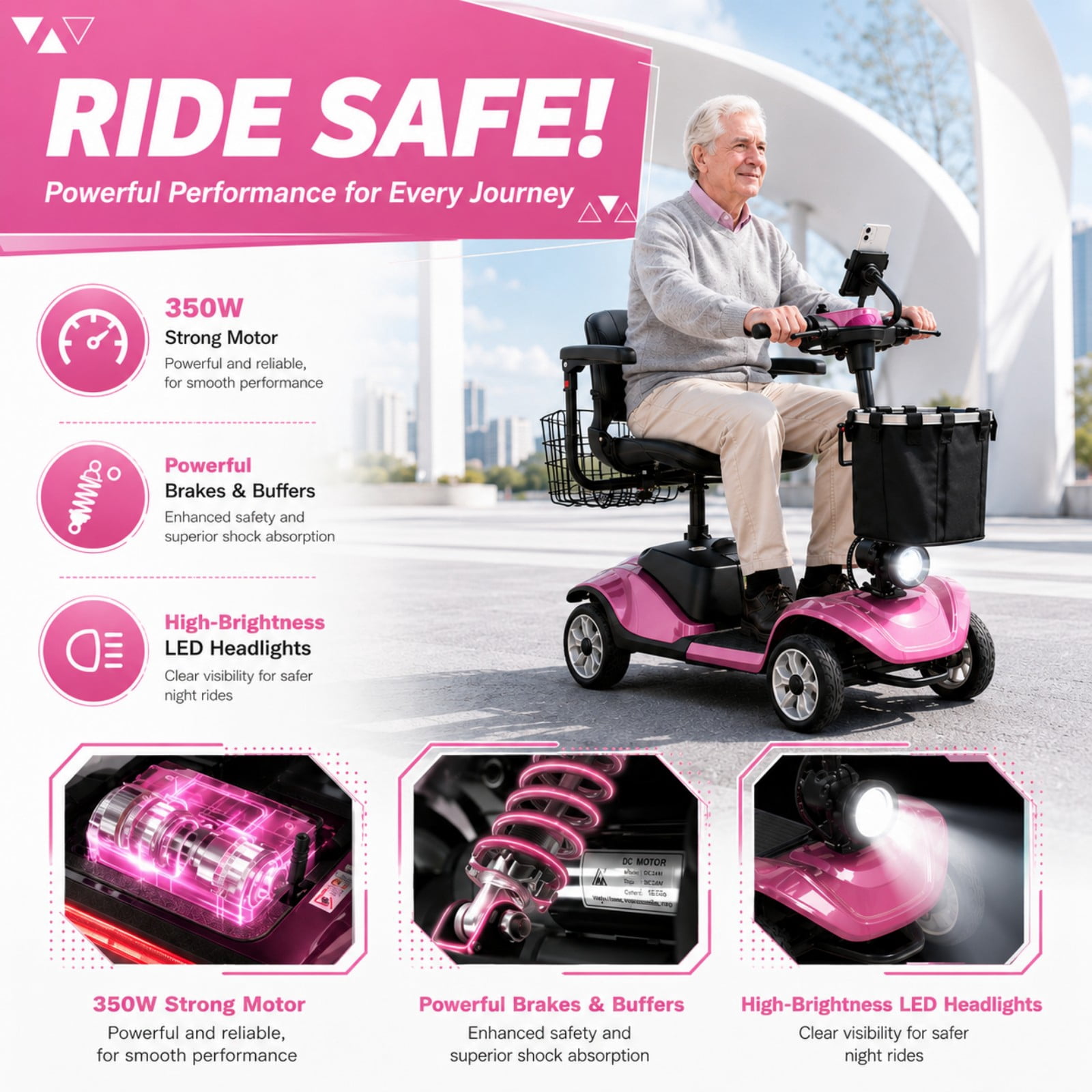 4 Wheel Mobility Scooter for Seniors&Adults,15 Miles Foldable Electric Mobility Scooter,350W Powered Electric Wheelchair Device for Adults 300 lbs,LED Lights,Basket,Compact Mobile for Travel