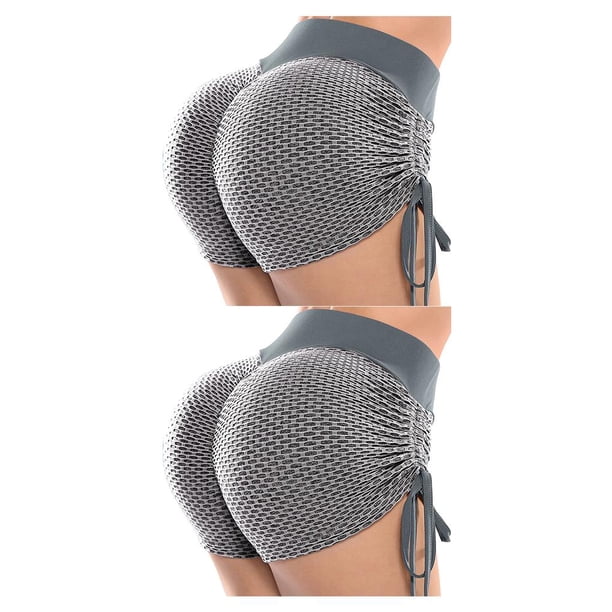 Guardurnaity Pantalones cortos deportivos de verano de nido de abeja de cintura alta de melocotón para levantar la cadera mallas cortas Sexy Gris S 2piezas