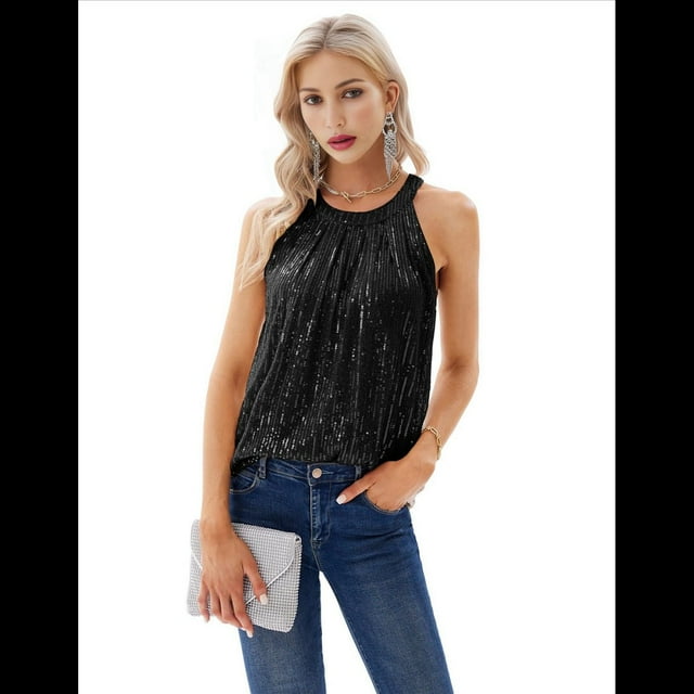 Sequin Halter Tops for Women Sleeveless Sparkly Shiny Tank Tops Ruched Flowy Sparkly Club Outfits Party Shirt Black L