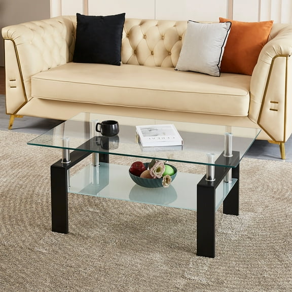 Smilegend Modern Tempered Clear Glass Coffee Table with Geometric Design, 2-Layers Living Room Center Table, Durable and Easy Assembly Glass Top
