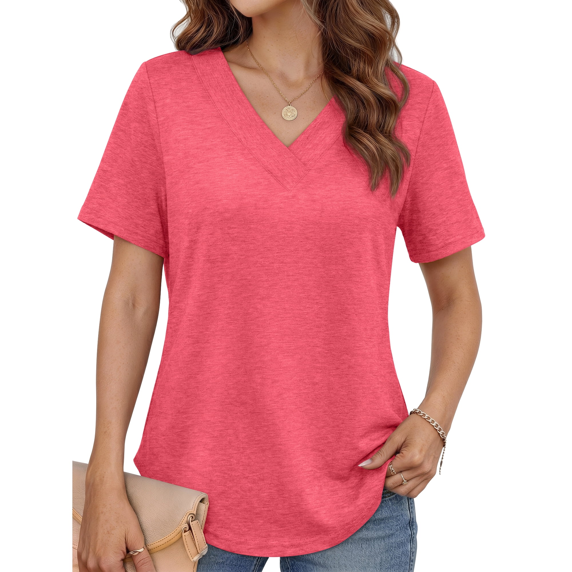 MOSHU Deep V Neck Womens Tops Curved Hem Shirts for Women Fashion Trendy Blouses Casual Loose Fit Tees Tops