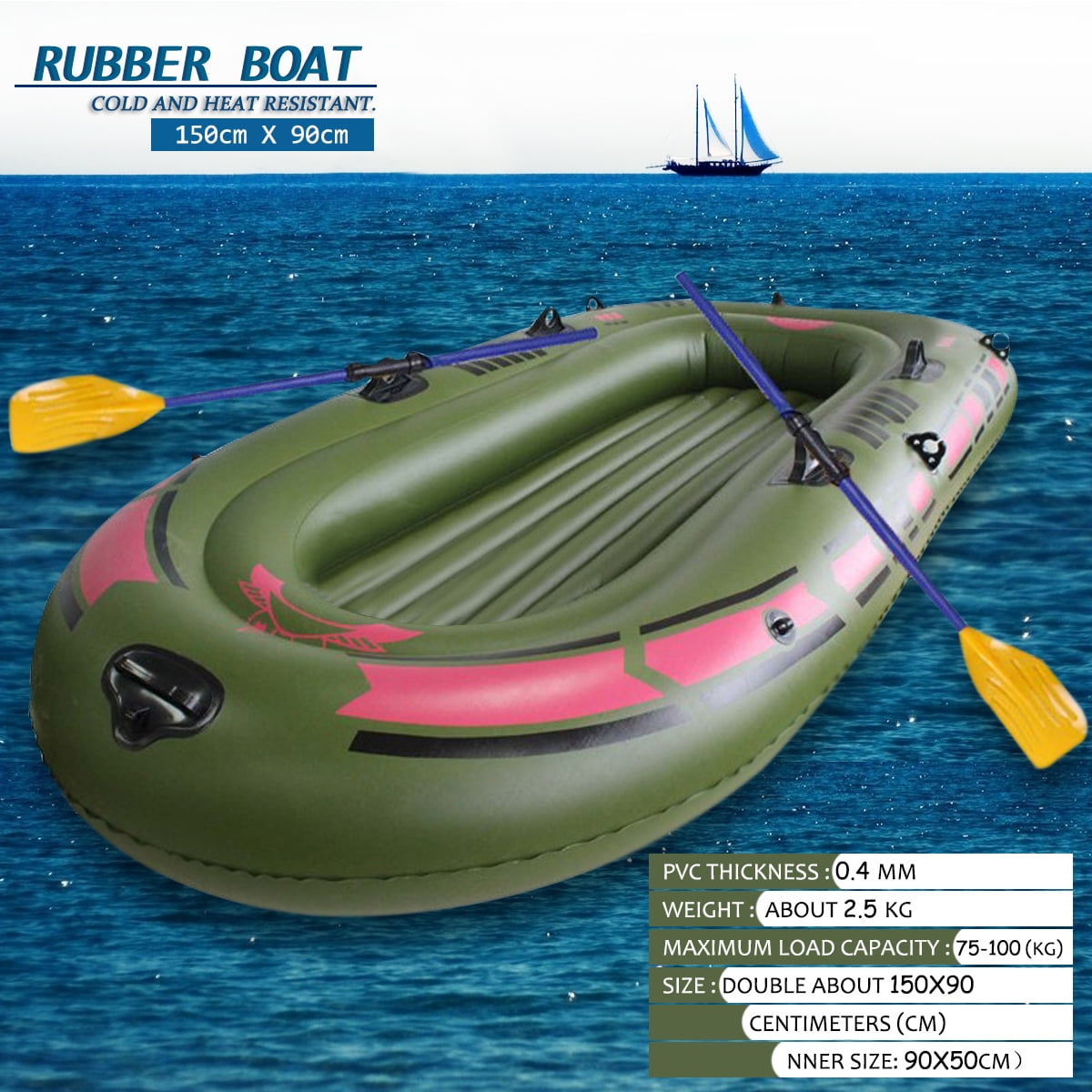 150x90cm Green Single Rubber Boat PVC Inflatable Kayak Fishing Lake River Boat Inner Size ...