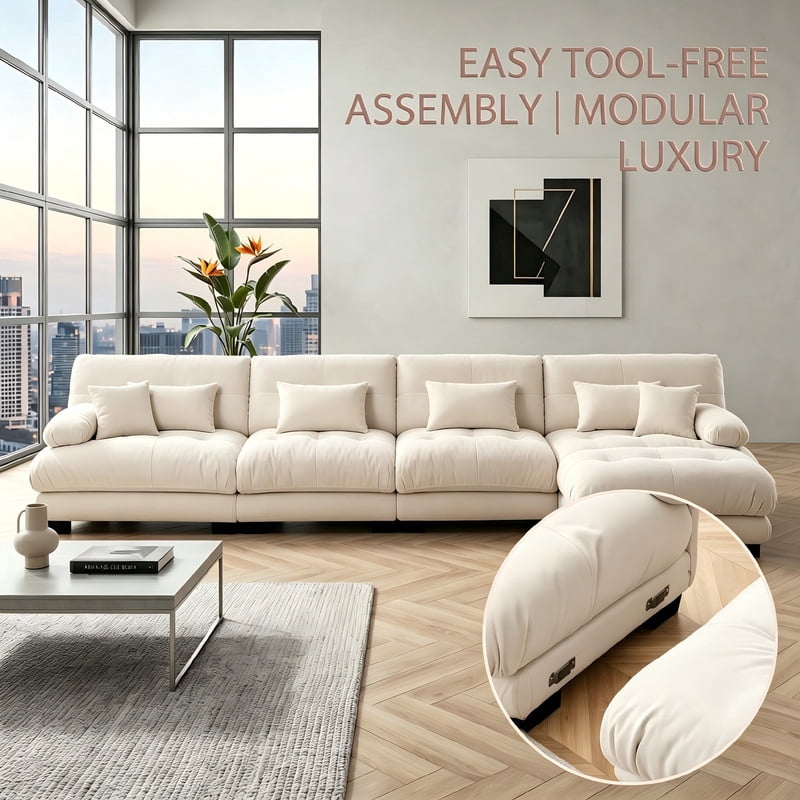 ANPPORT Cloud Couch Sleeper Sofa, Chenille Light Coffee 4-Seater Modular Sofa with 1 Ottomans, 4 Lumbar pillows,2 Pillows, Comfy Deep Seat Cloud Sofa, Convertible L-Shaped Floor Couch for Living Room