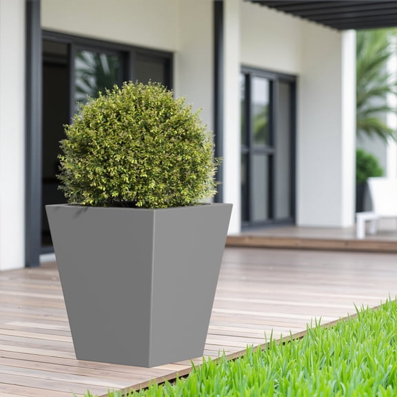 18" H Tall Metal Tapered Planter – Large Outdoor & Indoor Garden Plant Pot with Drainage Hole and Rubber Plug, Stylish Burnished Grey Finish for Home and Patio