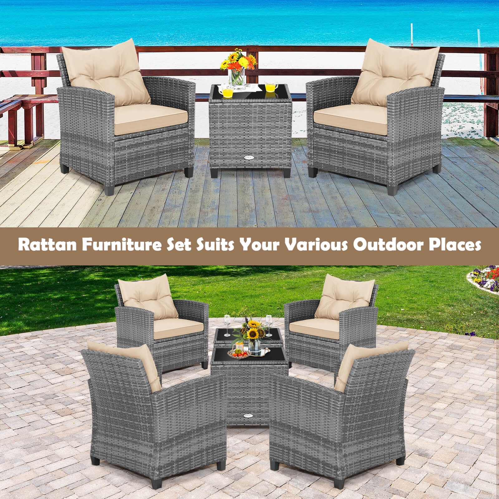Costway 3PCS Patio Rattan Furniture Bistro Set Cushioned Sofas Side Table Armrest Mix Gray + Brown