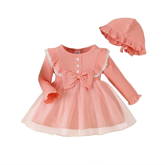 12 Months Baby Girls Dress 18 Months Girls Long Sleeve Dress Solid Color Round Neck Toddler Girls Tulle Dress with Hat Pink