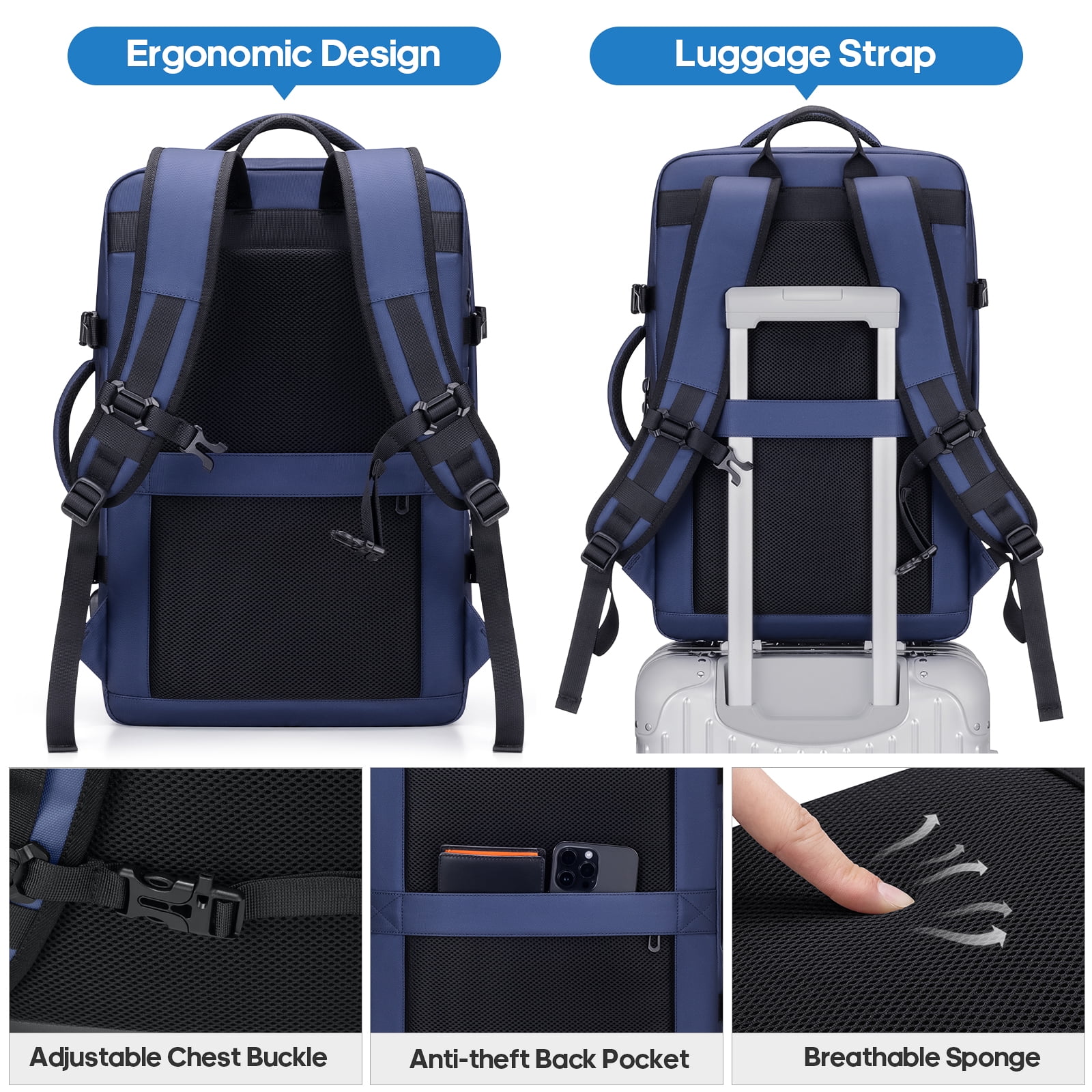 UKEIN Travel Backpack with USB Charging Port 40L Expandable 17 Inch Carry On Backpack Water-resistant Work Business Laptop Backpack for Men