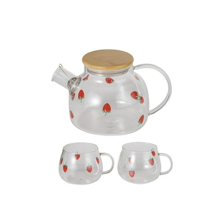 

THY Collectibles Glass Strawberry Carafe Pitcher Set with 2 Cups and Strainer Kettle with Handle Water Jug for Drinks Juice Ice Tea Beverages Small - 32 fl oz