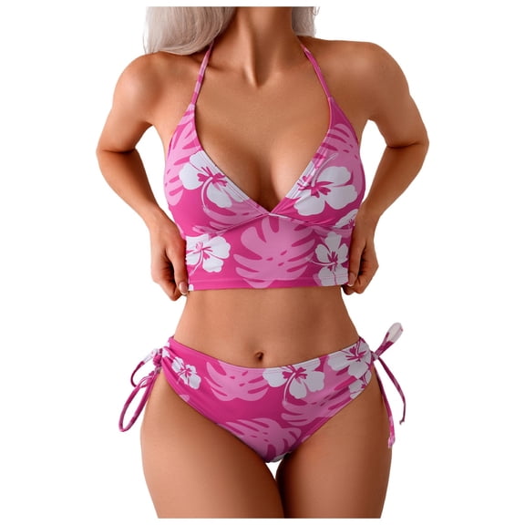 Wamejoo Women's Tankinis 2 Piece Floral Print Halter Tie Back Crop Top and Bottoms Bikini Set (Hot Pink, M)