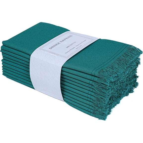 **Emerald Teal Fringed Cloth Dinner Napkins – 18x18 inch (Set of 12)**