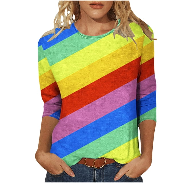 FAIWAD T-Shirt Femme à Blocs de Couleur Manches 3/4 Col Rond chandail-Over Haut Été Tendance à Rayures Imprimées Blouses