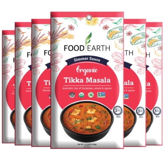 Food Earth - Organic Tikka Masala Simmer Sauce, 100% Organic, Vegan, Gluten-Free, Heat & Serve, Curry or Marinade Base, 12-Pack (5.29 oz Each) – Shelf-Stable Indian Cooking Sauce