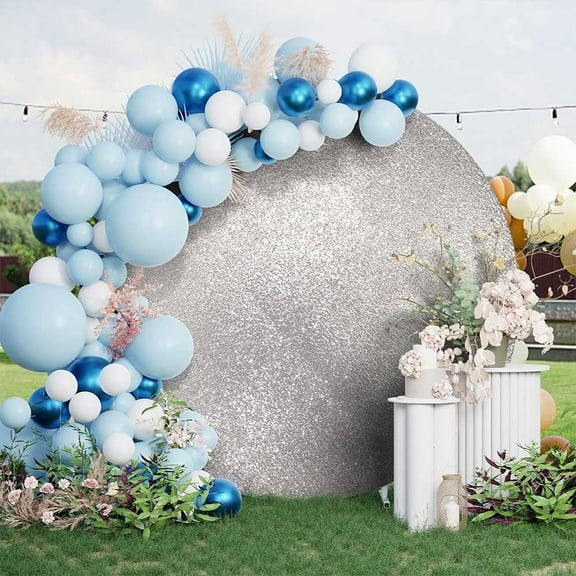 7.2ft 2pcs Silver Sparkly Sequin and White Round Backdrop for Birthday
