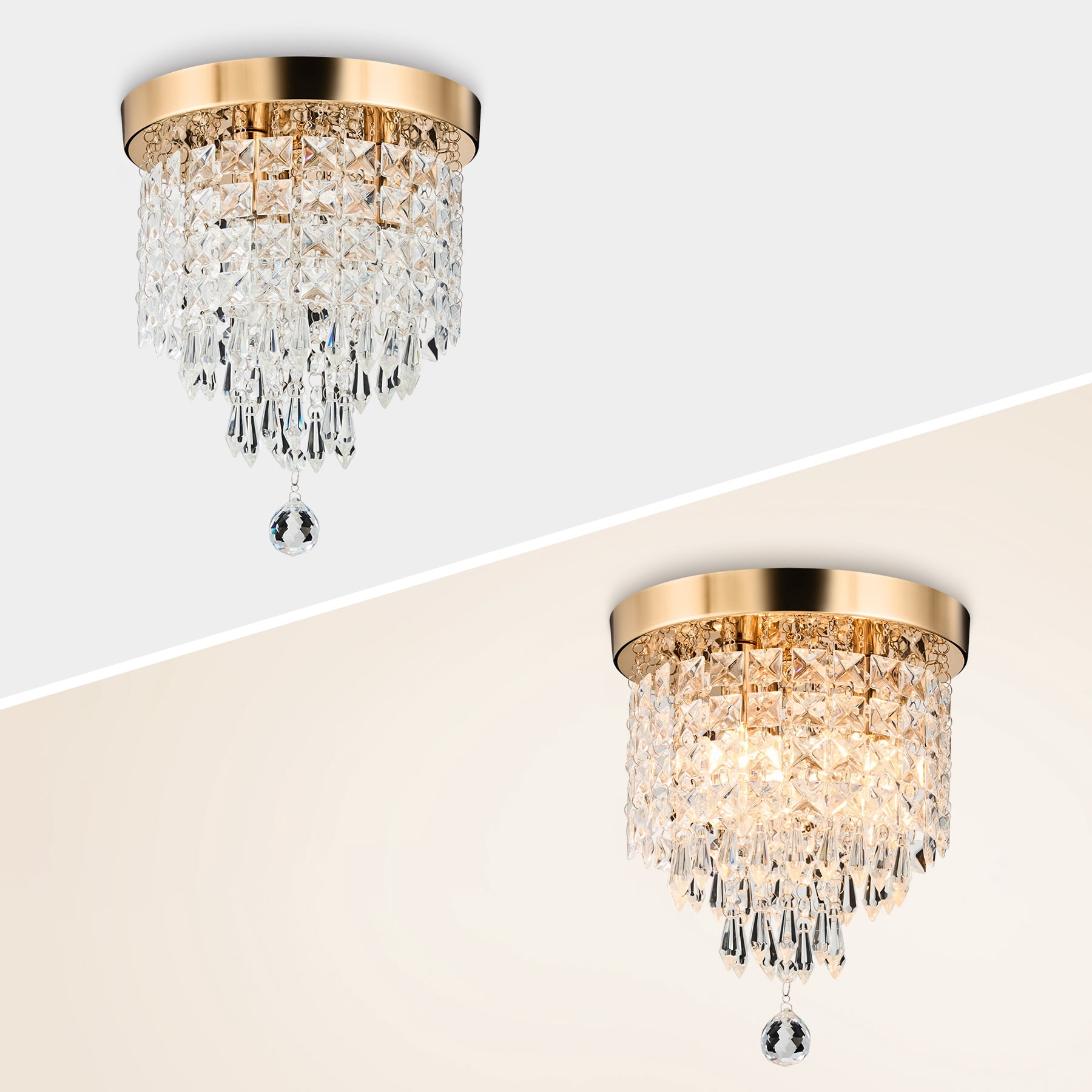 Bestco 3-Light Modern Crystal Chandelier Flush Mount Ceiling Light for Living Room Gold