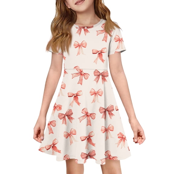 CCRFTGI Dresses for Children Girls 7-8 Basic Short Sleeve 2026 Summer A Line Skater Dress Cute Bowknot Print Dresses Holiday Girls Clothes Fashion Watermelon Red 7-8 Years