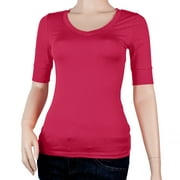 Women's Basic Elbow Sleeve V-Neck Cotton T-Shirt Plain Top-Plus Size Available