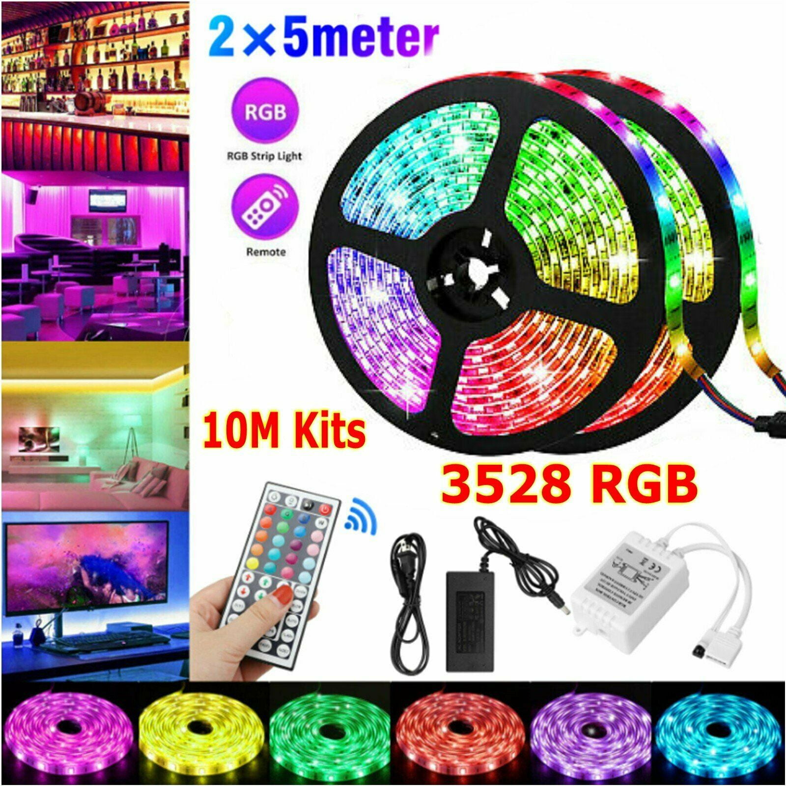 SUPERNIGHT® 2X 5M RGB 300 LED Light Strip 3528 Waterproof+44keys Remote+DC Power 