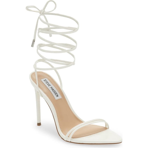 Steve Madden Flamin White Ankle Tie Lace Wrap Around Stiletto Open Toe Sandals (9.5, WHITE)
