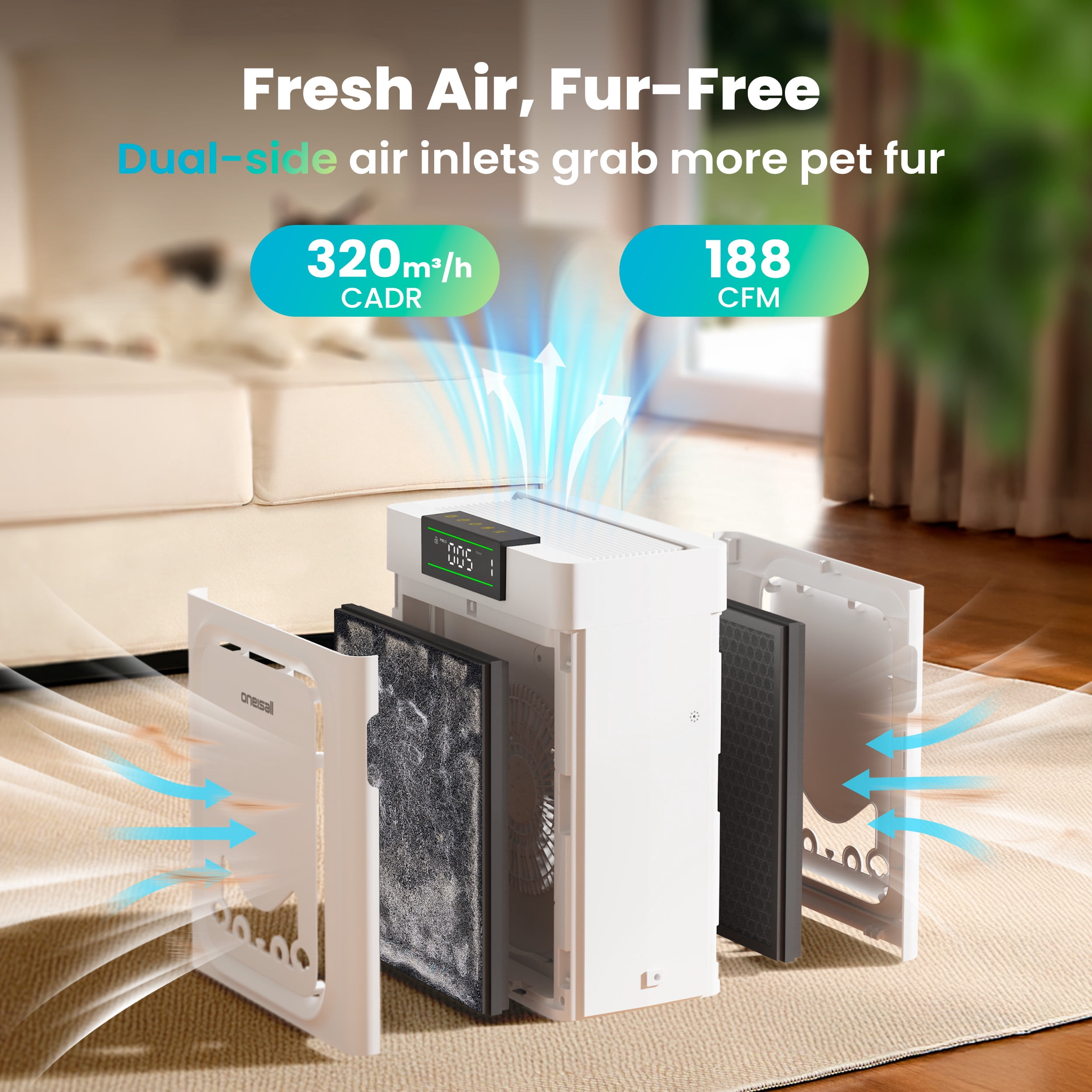 Oneisall PP02 Pet Air Purifiers for Home Up to 2200Ft², Air Purifier for Pets with Double-Sided Inlet & Washable Filters, CADR 320m³/h, 25dB, PM2.5 Display, Air Cleaner for Pet Hair, Dust - White