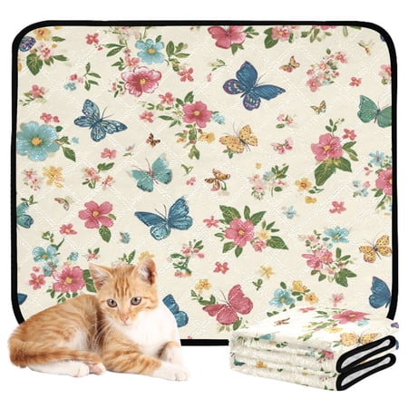 Washable Pet Pee Pads Soft Plush Absorbent Mat Non-Slip Floor Protector for for Dogs & Cats Butterflies and Pastel Flowers