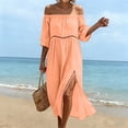 thumbnail image 2 of Horkkom Off the Shoulder Dresses for Women Short Sleeve Solid Color Summer Dresses Flowy Casual Maxi Dresses, S-3XL, 2 of 8
