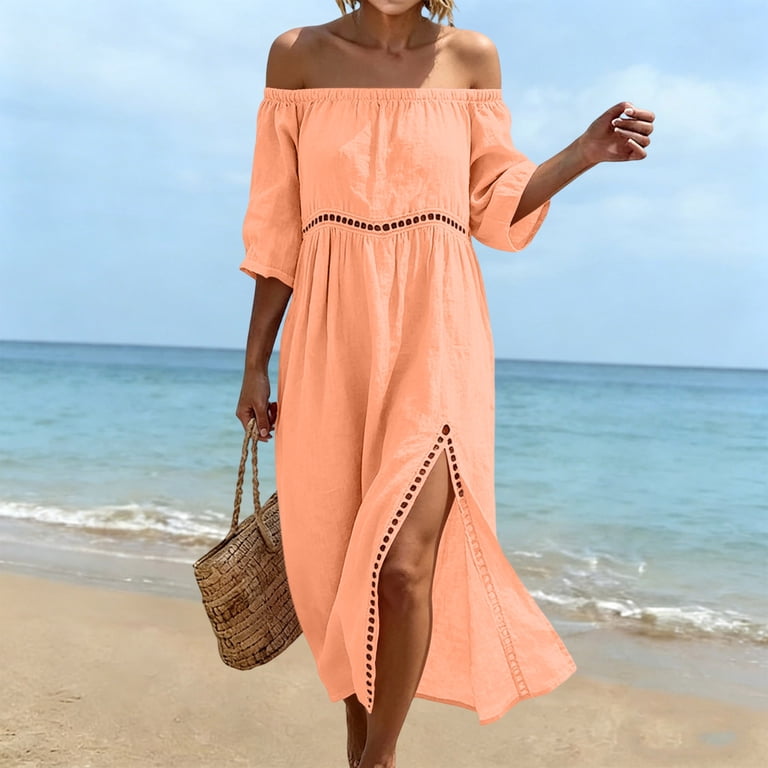 orange eyelet dress Vbvc Women's Cotton-Linen Off Shoulder Midi , Ladies' Half Sleeve Split A Line Dress , Summer Beach Vacation Dresses For Women,Orange,S Cotton Eyelet Orange Eyelet Clara Mini Dress