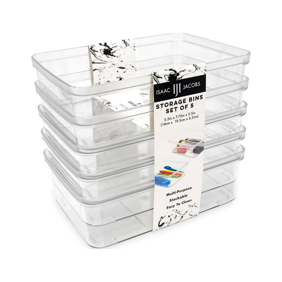 Isaac Jacobs 5-Pack Small Clear Plastic Storage Bins, Fridge/Freezer/Food Safe, BPA Free