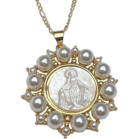 Mother Of Pearl Virgin Mary Medal Necklace,18K Gold Plated Pearl MOP Necklace Women