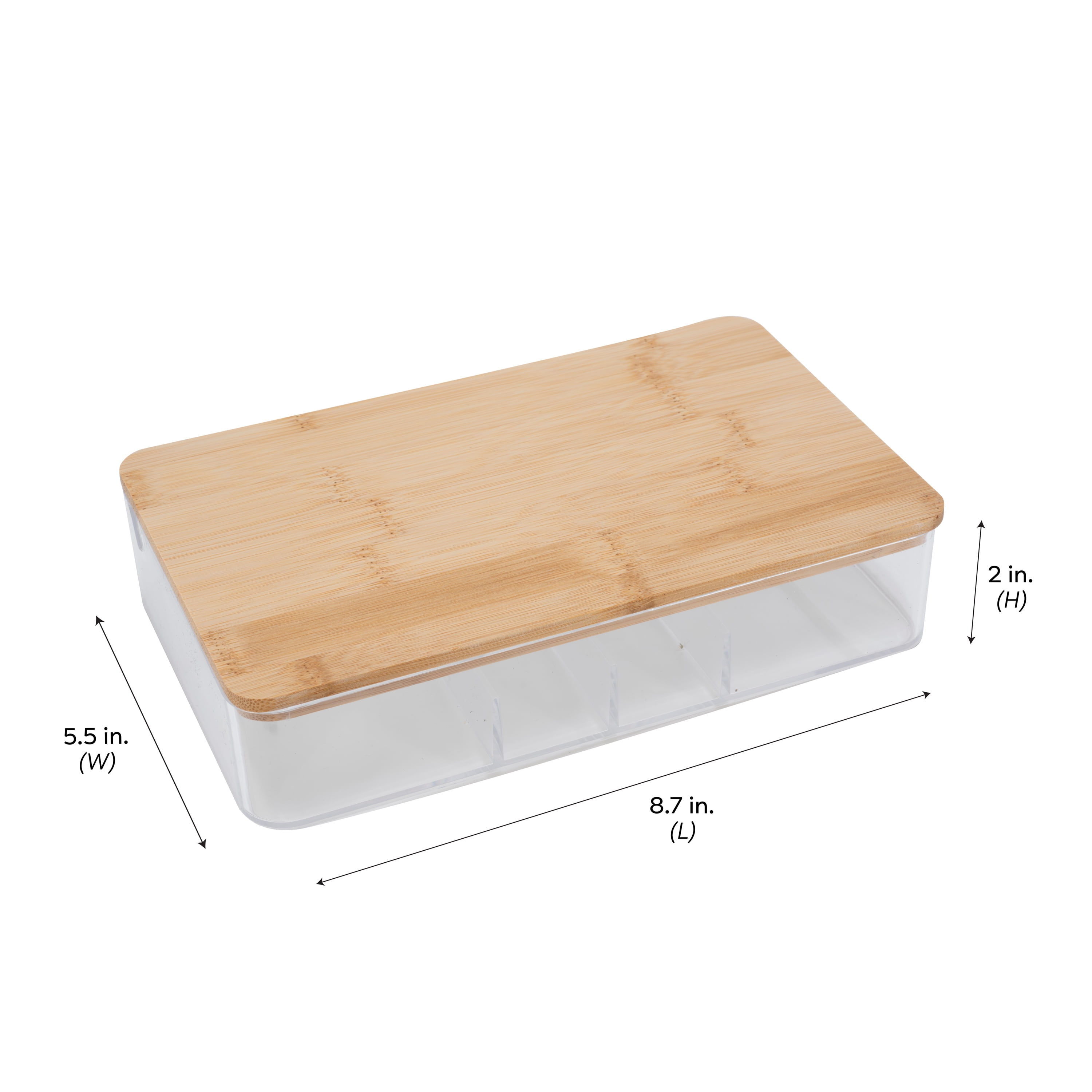 Simplify 5 Compartment Clear Organizer Jewelry Box with Bamboo Lid & Mirror