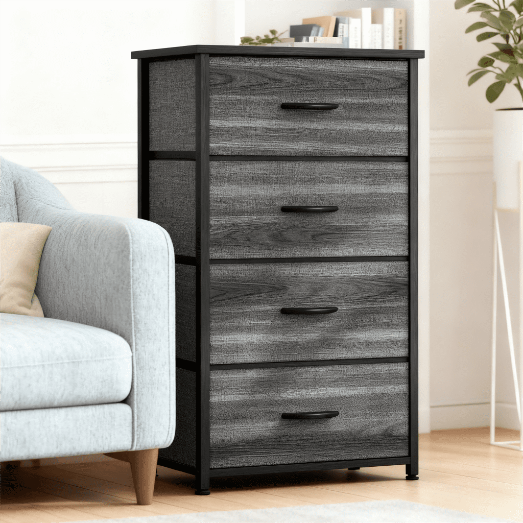 CONCETTA 4 Drawer Dresser, Wide Chest Drawers Nightstand Storage Tower Storage Fabric Dresser With Wood Top for Living Room, Bedroom, Closet, Black Wood