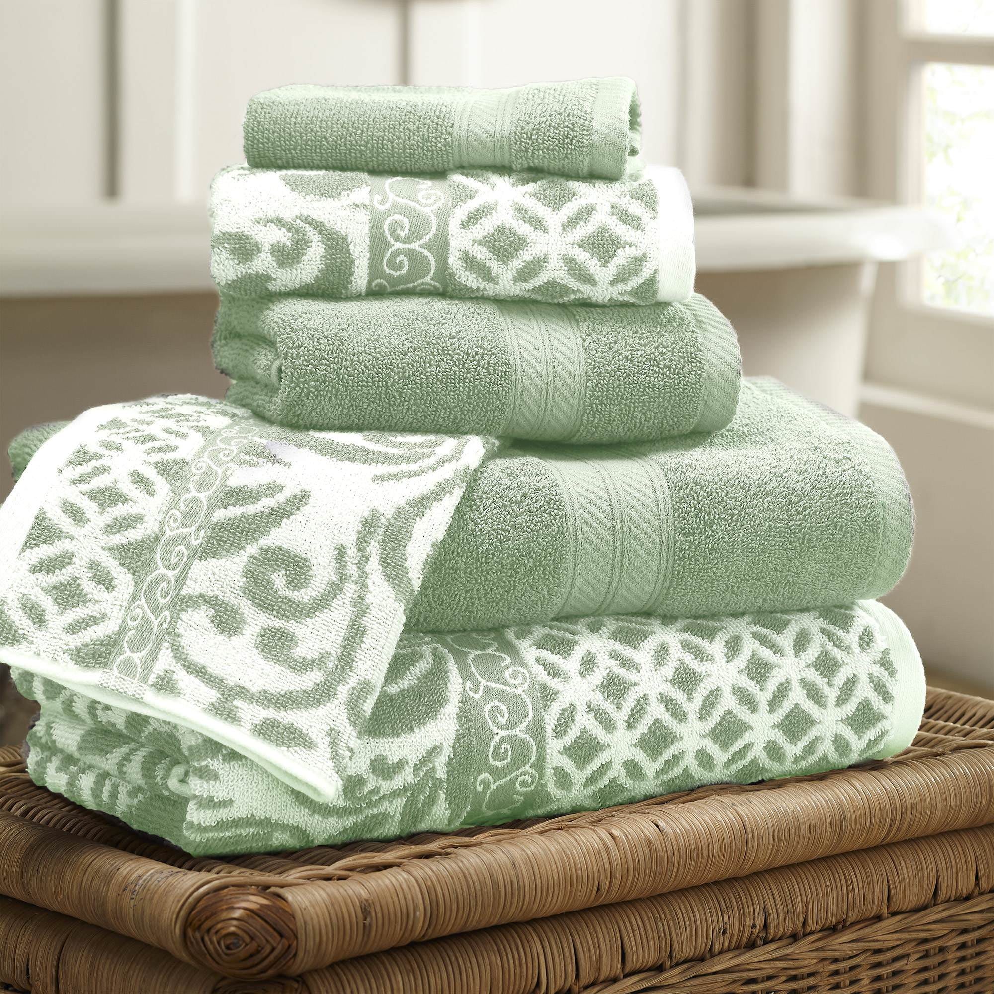 6 Piece Reversible Yarn Dyed Jacquard Towel Set, Trefoil Filigree, Sage