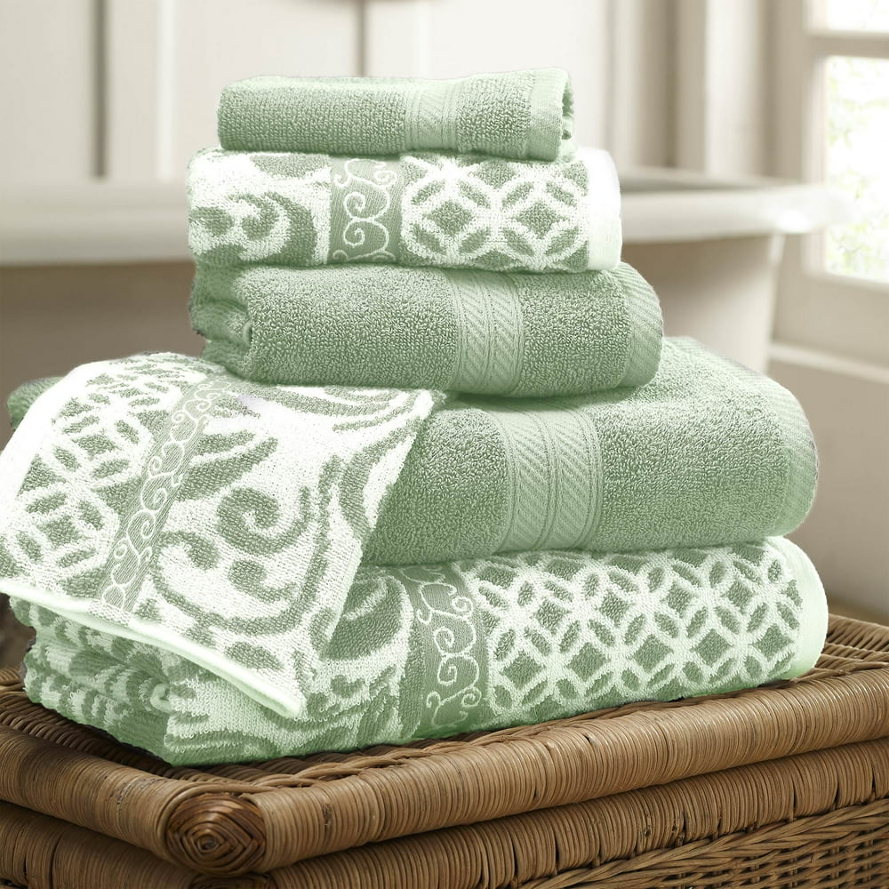 6 Piece Reversible Yarn Dyed Jacquard Towel Set, Trefoil Filigree, Sage
