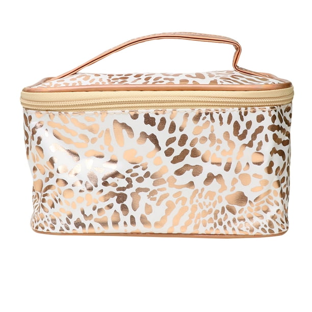 GOOHOCHY Bolsa de cosméticos cuadrada creativa dorada con estampado de leopardo, bolsa de almacenamiento de maquillaje con cremallera, bolso de mano de gran capacidad para mujer, para viajes